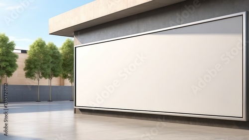 A blank wall-mounted billboard on the side of a modern store