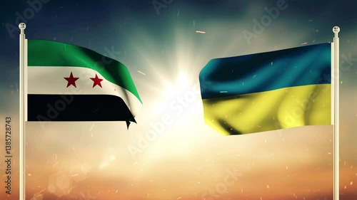 Ukrainian and Syria Flags Waving Against Each Other. Diplomatic concept. Flag Waving. Seamless, Sunset. 3D Dark Video with Textured Detail, 4K Animation.