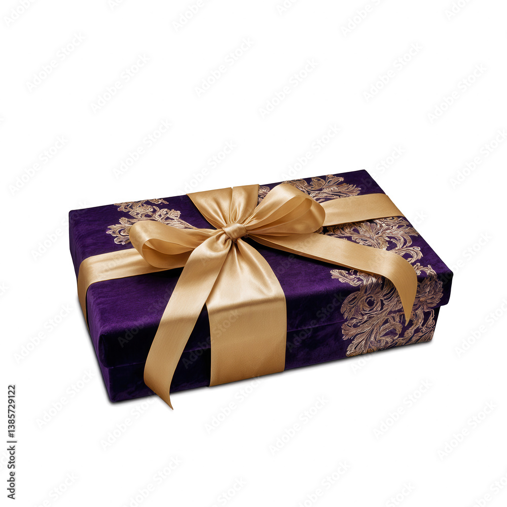 A beautifully wrapped purple gift box adorned with a golden ribbon, showcasing a luxurious design A beautifully wrapped purple gift box adorned with a golden ribbon, showcasing a luxurious design