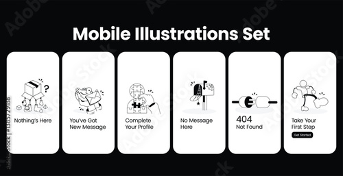 A set of minimalist mobile UI illustrations for onboarding and empty states, including 404 error, messages, profile completion, and get started screens. Perfect for app and web design.