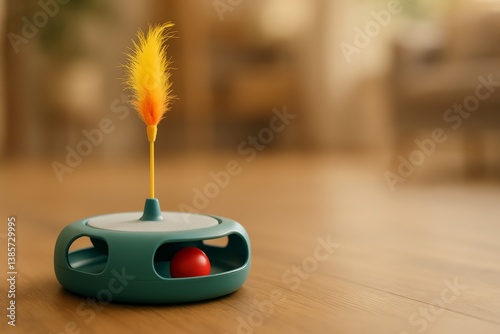 Colorful Feather Toy With Red Ball on Wooden Floor in a Warm Interior Setting