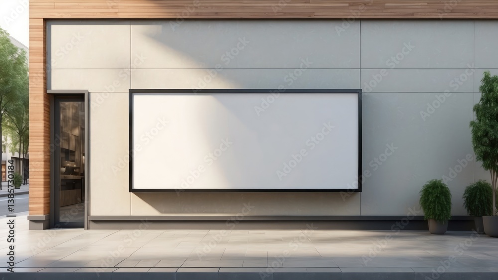 A blank wall-mounted billboard on the side of a modern store