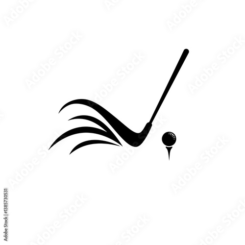 A black vector logo featuring an abstract representation of a golf club striking a ball on a white background_transparent