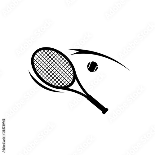 A black vector logo featuring an abstract representation of a tennis racket with a ball in mid-air on a white background_transparent