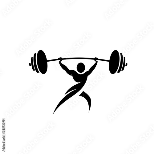 A black vector logo featuring an abstract representation of an athlete lifting a barbell on a white background_transparent