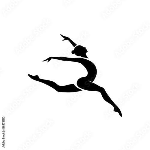 A minimalist vector icon of a gymnast in mid-air, with curved lines depicting flexibility and grace_transparent