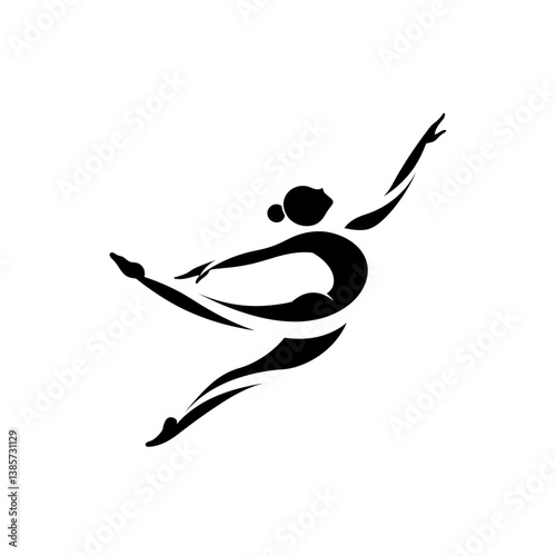 A minimalist vector icon of a gymnast in mid-air, with curved lines depicting flexibility and grace_transparent