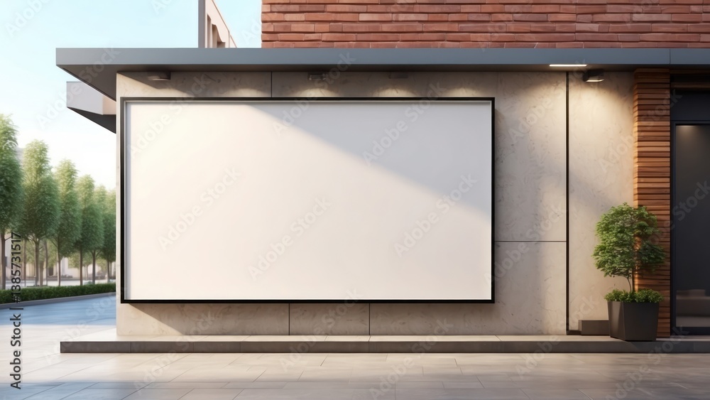 A blank wall-mounted billboard on the side of a modern store