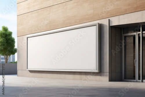 A blank wall-mounted billboard on the side of a modern store