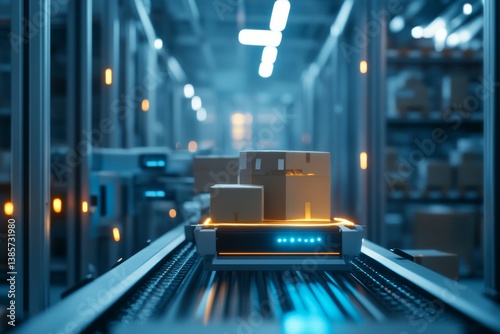Smart robot conveyor system transporting cardboard boxes in warehouse background