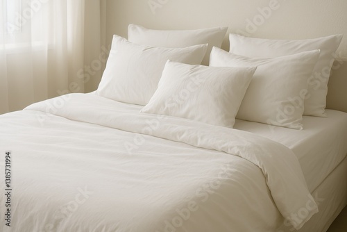 Cozy White Bedding in a Sunlit Bedroom With Soft Pillows and Natural Light
