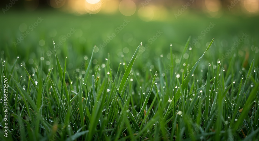 Fototapeta premium Lush green grass glistening with morning dew a vibrant display of nature s beauty soft natural light blurred background serene scene AI Generative