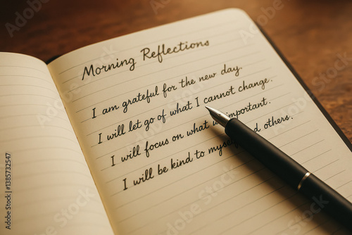 Close-up of gratitude journal with handwritten affirmations and pen on wooden desk in warm light. generative AI