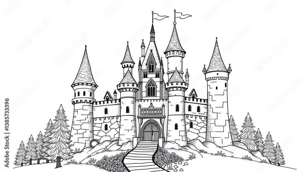 Whimsical castle illustration on hill with fir trees, a fairytale architectural artwork Whimsical castle illustration on hill with fir trees, a fairytale architectural artwork
