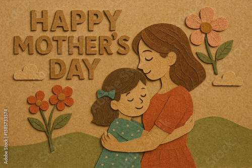 Mother and Child Embrace in Vintage Style for Mothers Day Celebration With Fl...