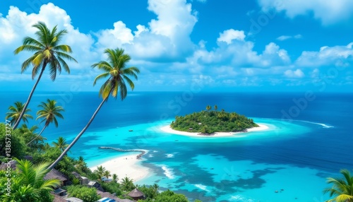 Serene tropical island scene featuring a pristine beach, lush palm trees, and turquoise waters under a bright blue sky with fluffy white clouds. Ideal for promoting travel and relaxation.