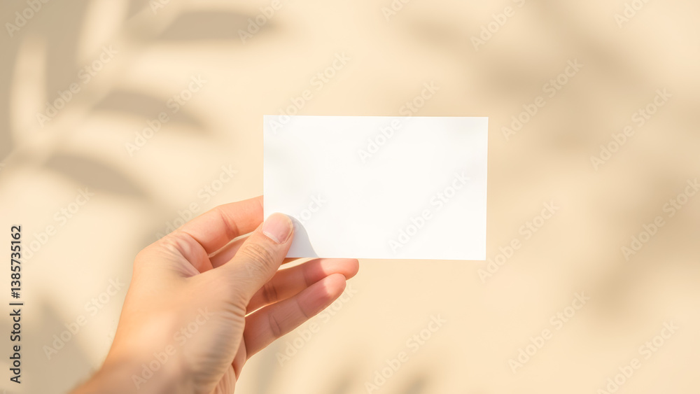 Hand Holding Blank Card with Soft Natural Shadows and Warm Background for Minimalist Design and Marketing Needs Hand Holding Blank Card with Soft Natural Shadows and Warm Background for Minimalist Design and Marketing Needs