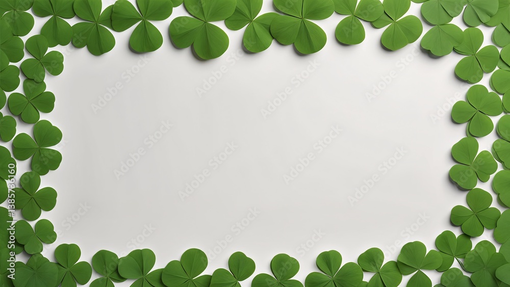 A white sheet of paper surrounded by green clover leaves. A white sheet of paper surrounded by green clover leaves.