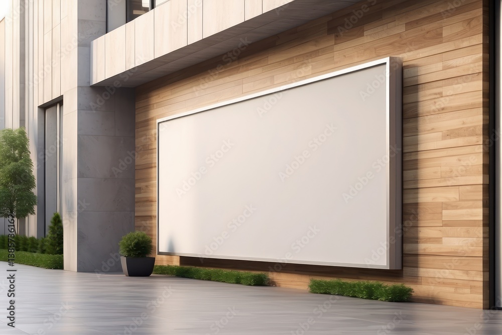 A blank wall-mounted billboard on the side of a modern store
