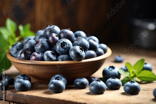 Obraz na płótnie A high-quality mockup featuring fresh blueberries arranged on a rustic wooden table w salonie