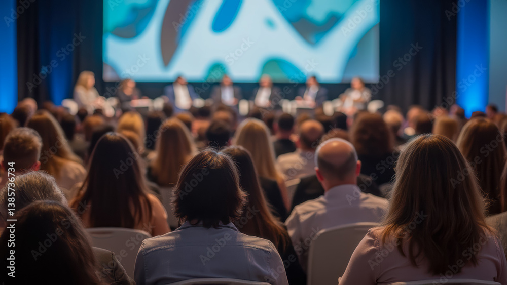 Professional Conference Scene with Audience View and Panel Discussion in a Modern Venue Setting Professional Conference Scene with Audience View and Panel Discussion in a Modern Venue Setting