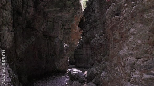 Narrow canyon winding through Imbros Gorge in Chania region of Crete.