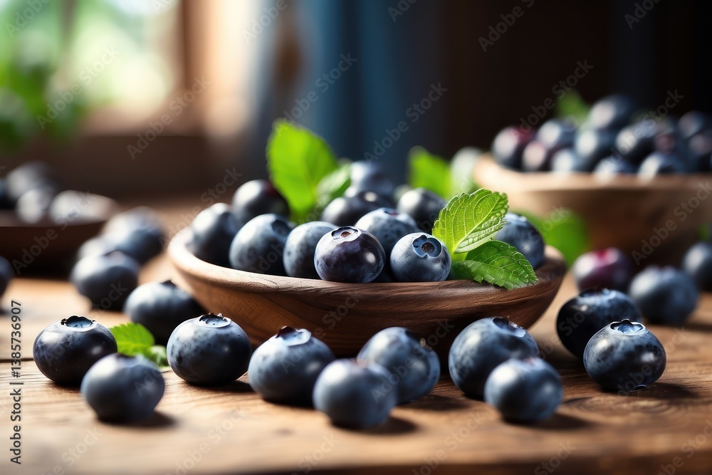 A high-quality mockup featuring fresh blueberries arranged on a rustic wooden table