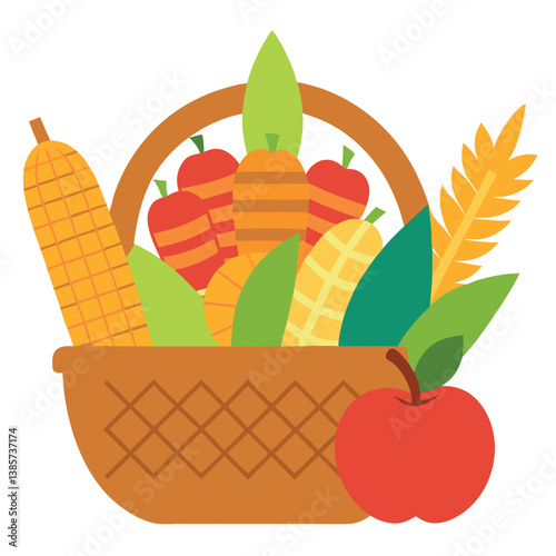 Thanksgiving Basket Vector with Corn, Apples, and Wheat
