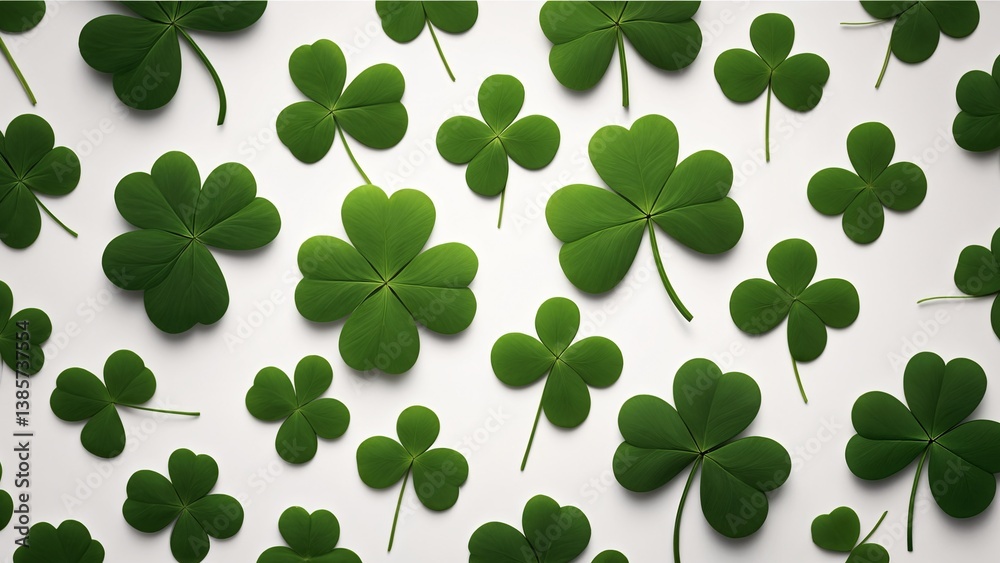 A large group of green clover leaves on a white surface. A large group of green clover leaves on a white surface.