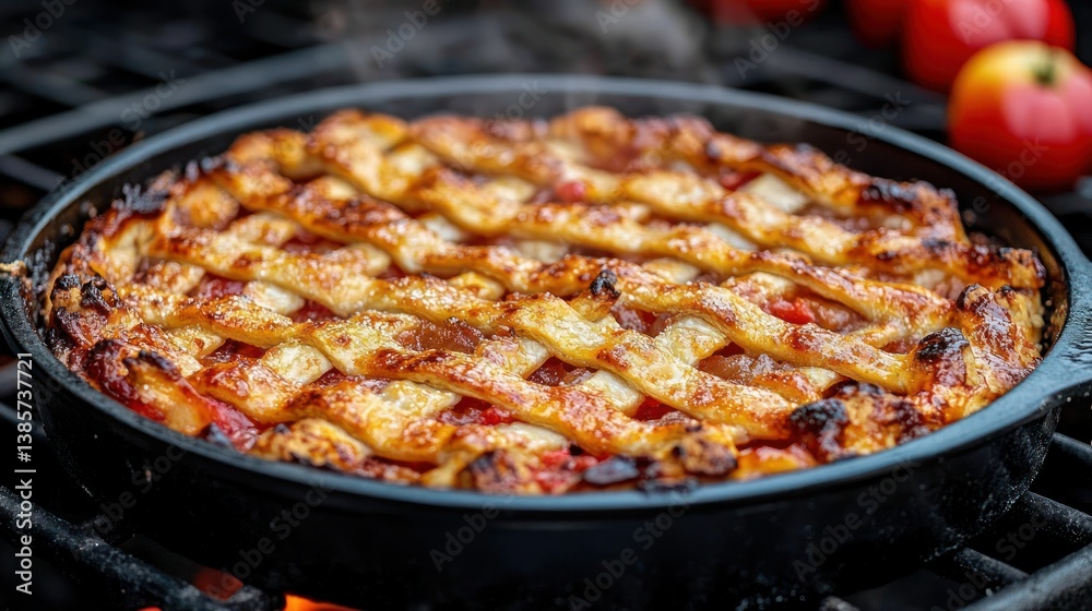 Lattice-topped tomato pie in cast iron pan sits on a barbecue grill Lattice-topped tomato pie in cast iron pan sits on a barbecue grill