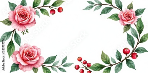 Watercolor floral wreath with greenery and berries, garden decor, flower wreath