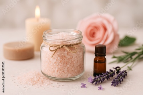 Relaxing Bath Essentials With Pink Salt, Candle, and Flowers on a Serene Back...