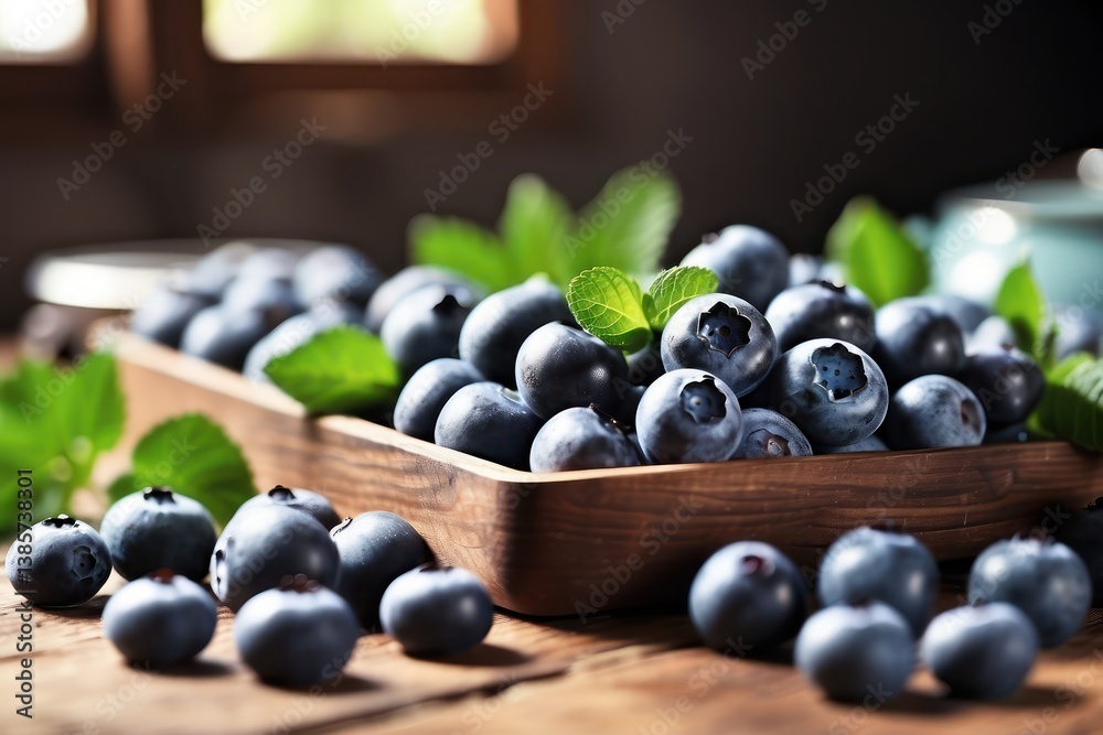 A high-quality mockup featuring fresh blueberries arranged on a rustic wooden table