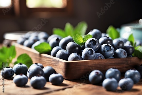 Obraz na płótnie A high-quality mockup featuring fresh blueberries arranged on a rustic wooden table w salonie