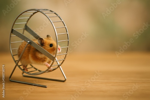 Small Hamster Runs Energetically on Black Exercise Wheel Indoors During After...