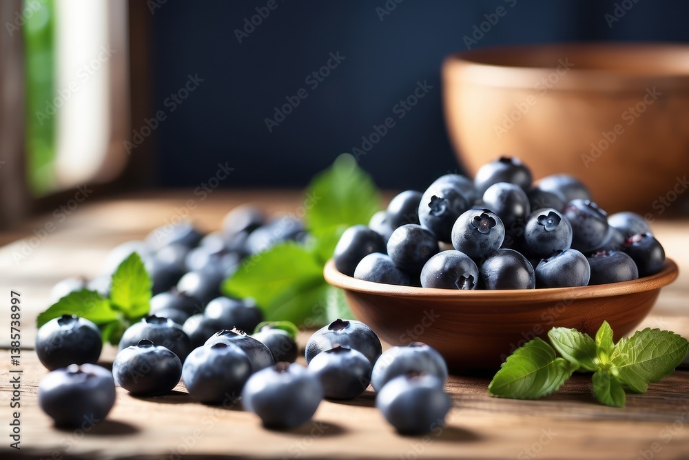 A high-quality mockup featuring fresh blueberries arranged on a rustic wooden table