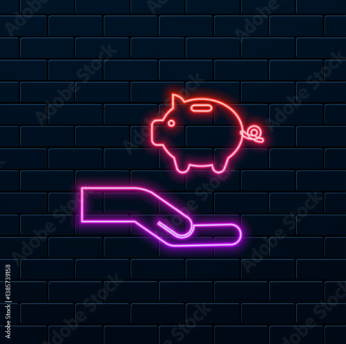 business man. piggy bank. neon style. dollar with cent showing piggy bank savings icon