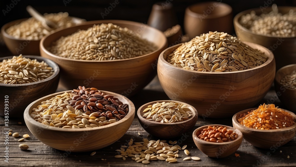 Various raw grains and seeds arranged in a rustic setting. Various raw grains and seeds arranged in a rustic setting.