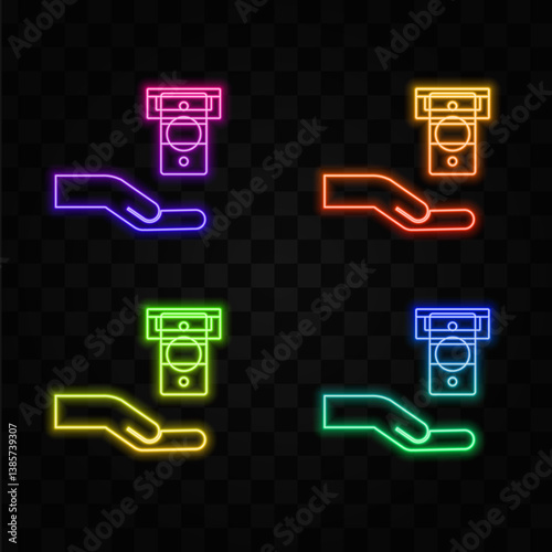 Credit card and cash ATM. neon style. vector icons, withdraw money from machines