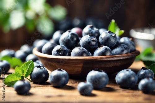 Obraz na płótnie A high-quality mockup featuring fresh blueberries arranged on a rustic wooden table w salonie