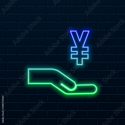 Currency in hand icon Yen Currency Sign Exchange or donate concept. neon style. Coins hand yen.flat icon Japanese yen coin and palm icon symbol