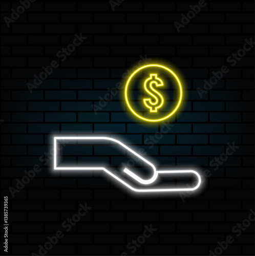 Dollar donation. Hand holding money dollar symbol with hands. neon style.Money in hand, dollar symbol icon. neon.