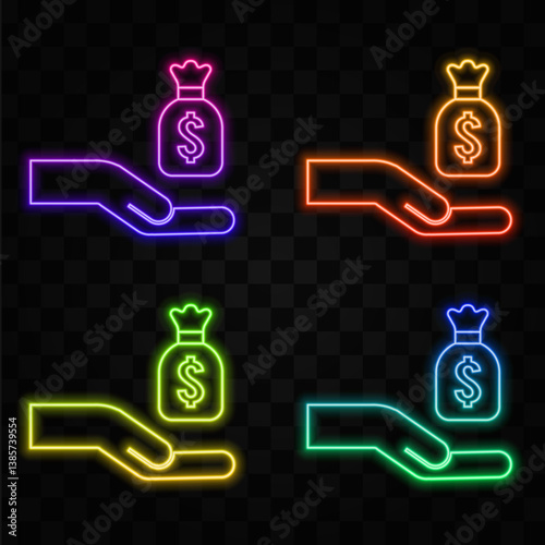 hand giving money. neon style. money icon in a bag. dollar in bag.
