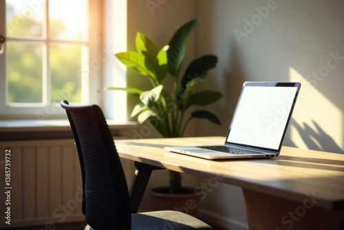 Empty chair at desk, laptop open, sunlit room, computer, digital detox, peaceful