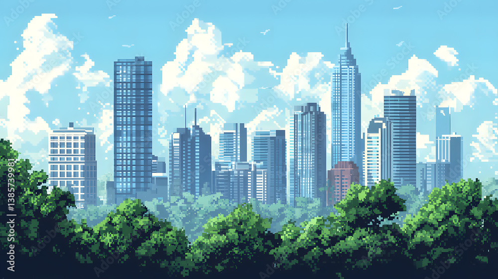 Obraz premium Pixel art city skyline with skyscrapers illustration background