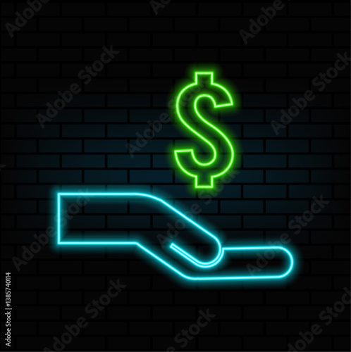 Money financial icon symbol. neon style. open hand giving money. take the dollar. take the money. donation icon. sign give penny vector.