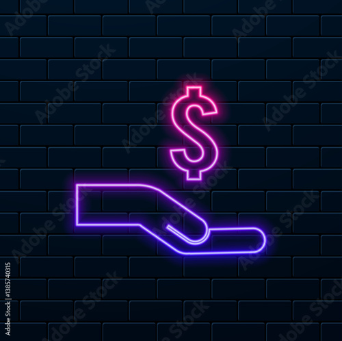 open hand giving money. neon style. take the dollar. take the money.Hand accepts donation icon. sign give penny vector.