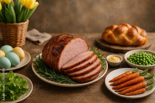 Delicious Ham Dish With Colorful Sides Set on Rustic Wooden Table During Fami...