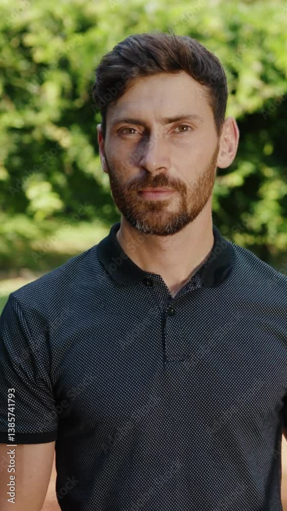 A charismatic man with a beard in a black polo shirt exudes charm A charismatic man with a beard in a black polo shirt exudes charm