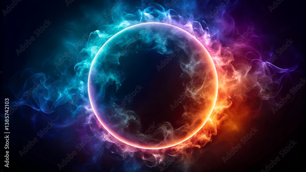 Glowing Neon Circle with Abstract Color Smoke Glowing Neon Circle with Abstract Color Smoke